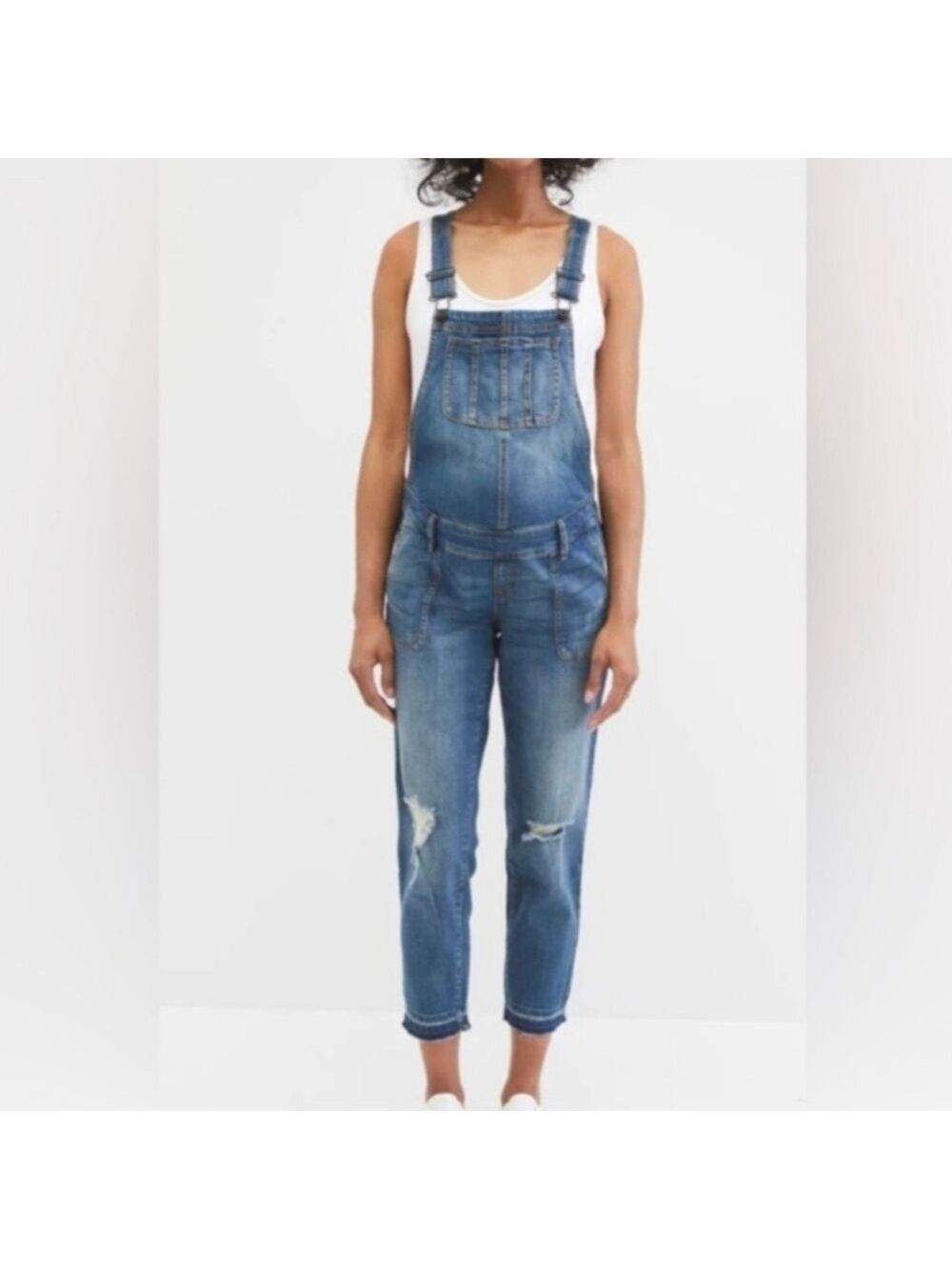 INDIGO blue maternity overalls distressed fringe size XS
